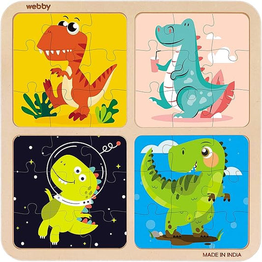 Webby 4 in 1 Dinosaur Wooden Puzzle Toy for Toddlers, Educational Jigsaw Puzzle for 2+ Years, Enhances Memory, Creative Thinking, and Colour Recognition, Safe Eco-Friendly Wood, 36 Pieces