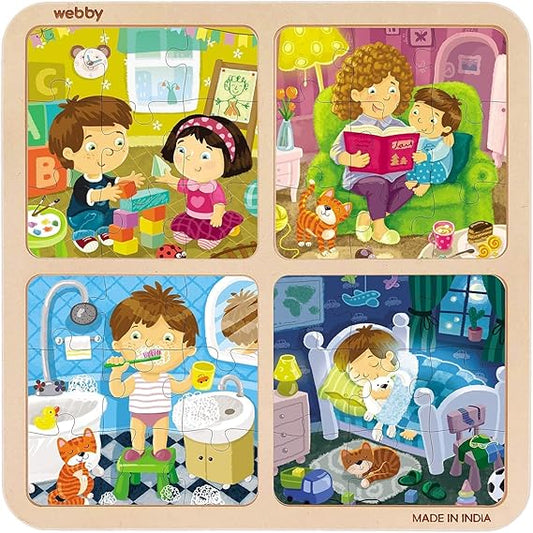 Webby 4 in 1 Everyday Life Wooden Puzzle Toy, 36 Pieces, Educational Puzzle Set for Toddlers, Develops Patience, Imagination, Colour Recognition & Hand-Eye Coordination, Safe, Eco-Friendly Wood