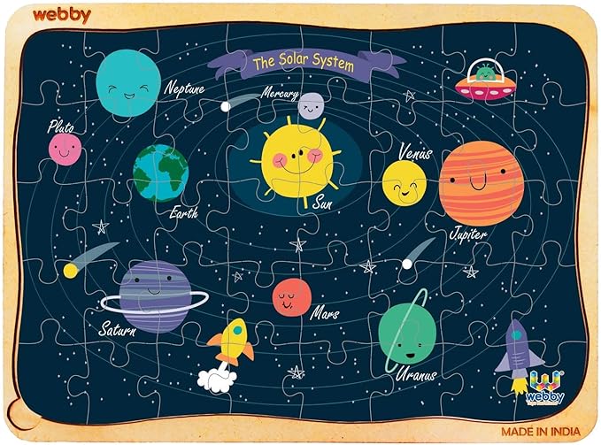 Webby Weltraum-Sonnensystem Holzpuzzle | 40 Teile | Lernpuzzle für 3- bis 6-Jährige | Fördert Problemlösungs- und Zuordnungsfähigkeiten | Inklusive Holzschale zur einfachen Aufbewahrung