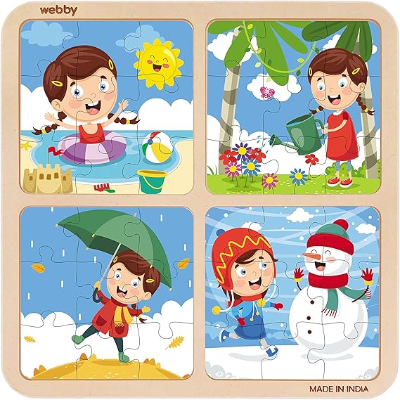 Webby Baby 4-in-1-Holzpuzzle zum Thema Wetter und Jahreszeiten, pädagogisches Puzzle für Kinder ab 2 Jahren, fördert das Gedächtnis, kreatives Denken und die Farberkennung, sicheres, umweltfreundliches Holz, 36 Teile