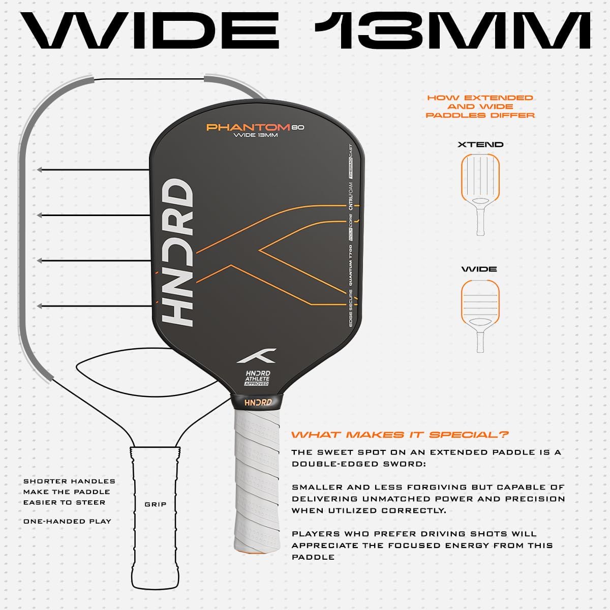 Hundred Phantom 80 Pickleball-Schläger | EXTEND/ WIDE | USA-Zulassung | Japanische Rohkarbonfaser | 16 mm/ 13 mm | Schwarz/Orange | Optimiert für Kontrolle und Spin | Leichter Schläger mit komfortablem Griff