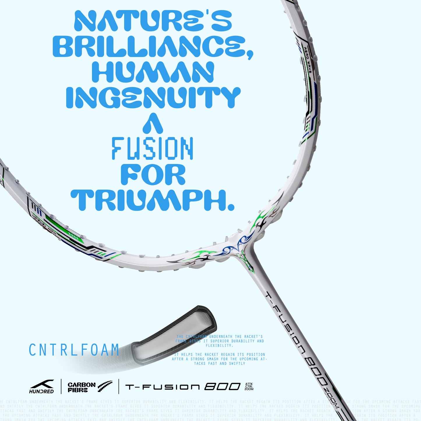 HUNDRED T-Fusion 800 Zoom Unstrung Badminton Racket | Max. Spannung ≤34 lbs | T-Fuse & Muscle Frame Tech | Leicht & Ausgewogen | G6-Griff | Volle Abdeckung | Für fortgeschrittene Spieler