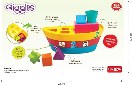 Giggles Funskool Stapelboot, Ziehspielzeug, stapelbares Spielzeug für Kinder, fördert das Lernen und die Entwicklung, lustige Aktivität für Babys, Geschenkset für Kinder, Alter ab 18 Monaten