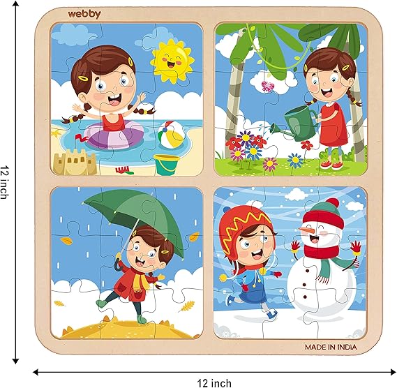 Webby Baby 4-in-1-Holzpuzzle zum Thema Wetter und Jahreszeiten, pädagogisches Puzzle für Kinder ab 2 Jahren, fördert das Gedächtnis, kreatives Denken und die Farberkennung, sicheres, umweltfreundliches Holz, 36 Teile