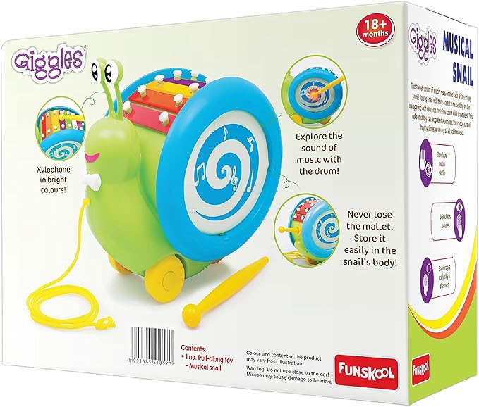 Funskool 3-in-1-Musikalische Schnecke zum Ziehen | Xylophon, Trommel und Spielzeug zum Ziehen | Gehhilfe für Kleinkinder | Alter: ab 12 Monaten | Mehrfarbig | Spielzeug für Babys und Kleinkinder