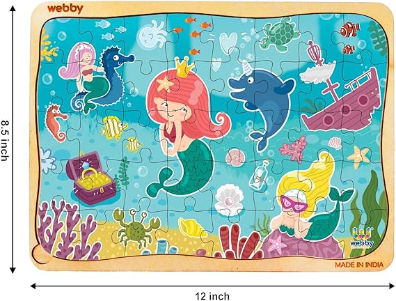 Webby Niedliches Meerjungfrauen-Holzpuzzle | 40 Teile | Lernpuzzle für Kinder von 3 bis 6 Jahren | Fördert die Konzentration und die Fähigkeit zum Lösen von Problemen | Inklusive Holzschale zur einfachen Aufbewahrung