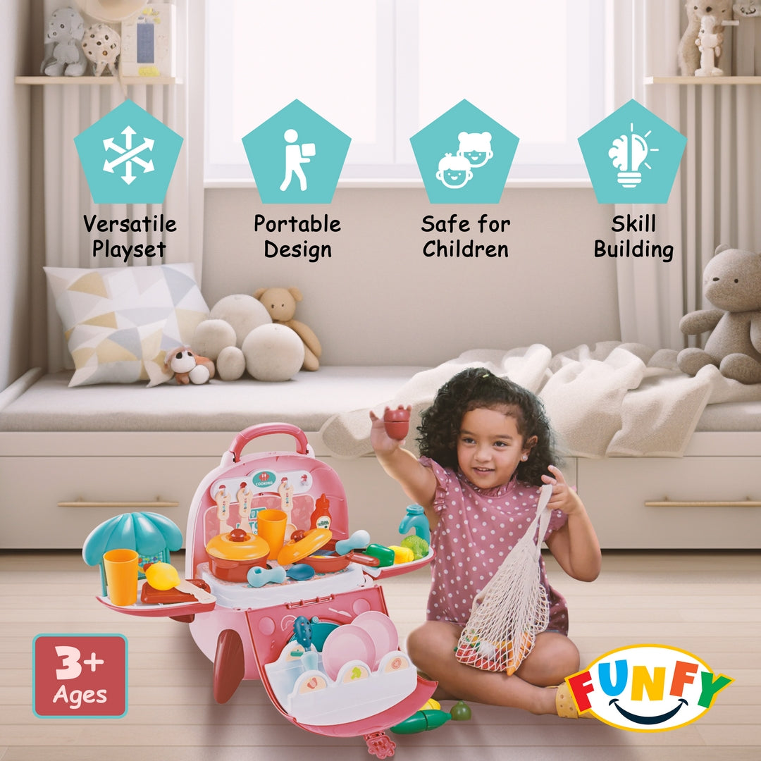 FUNFY 2-in-1 Tragbares Rucksack-Spielzeugküchen-Spielset | Mehrfarbig | Material: Kunststoff | Kochutensilien, Töpfe, Obst und Gemüse | Geschicklichkeitsaufbau | Rollenspiel | für Kinder