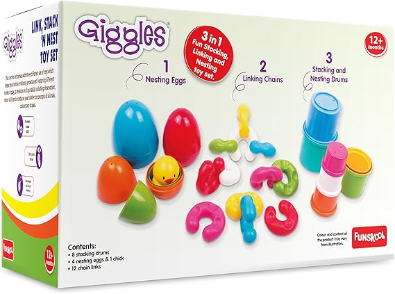 Giggles Funskool Link Stack N Nest, stapelbare und ineinandersteckbare Spielzeugklötze für Kinder, fördert das Lernen und die Entwicklung, lustige Aktivität für Babys, Geschenkset für Kinder ab 6 Monaten