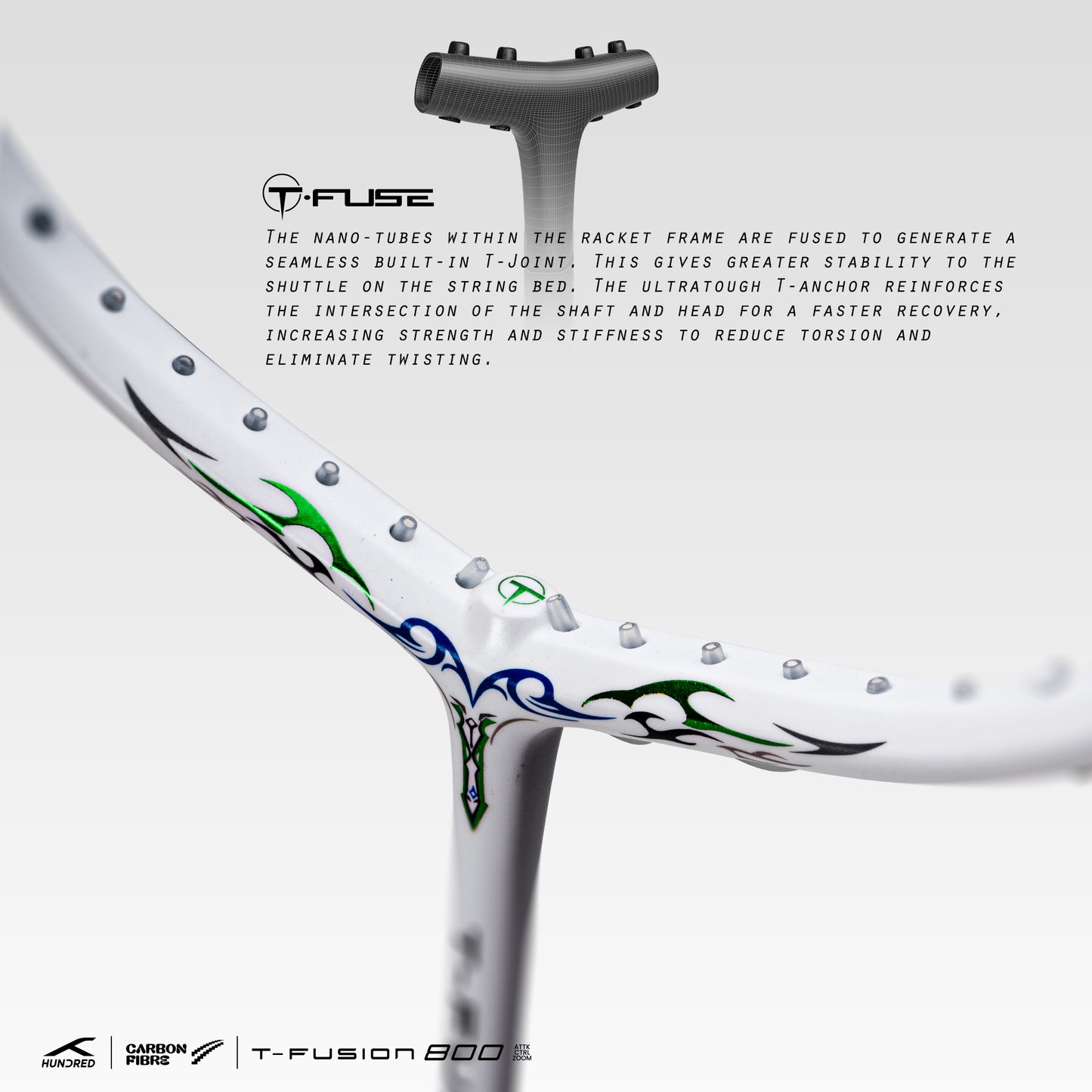 HUNDRED T-Fusion 800 Zoom Unstrung Badminton Racket | Max. Spannung ≤34 lbs | T-Fuse & Muscle Frame Tech | Leicht & Ausgewogen | G6-Griff | Volle Abdeckung | Für fortgeschrittene Spieler