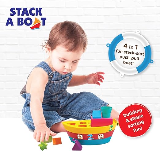 Giggles Funskool Stapelboot, Ziehspielzeug, stapelbares Spielzeug für Kinder, fördert das Lernen und die Entwicklung, lustige Aktivität für Babys, Geschenkset für Kinder, Alter ab 18 Monaten