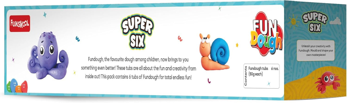 Funskool Fundough Super Six, 6 Dosen Knetmasse, je 50 Gramm, Spielzeug für Kinder, Formen, Modellieren, ab 3 Jahren, mehrfarbig