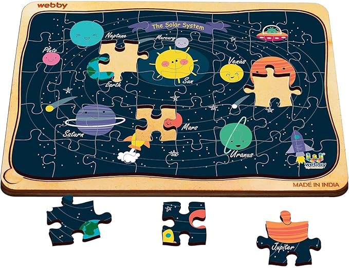 Webby Weltraum-Sonnensystem Holzpuzzle | 40 Teile | Lernpuzzle für 3- bis 6-Jährige | Fördert Problemlösungs- und Zuordnungsfähigkeiten | Inklusive Holzschale zur einfachen Aufbewahrung