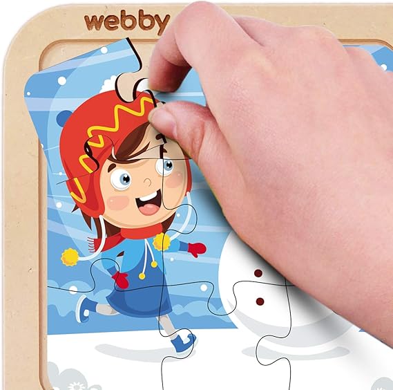 Webby Baby 4-in-1-Holzpuzzle zum Thema Wetter und Jahreszeiten, pädagogisches Puzzle für Kinder ab 2 Jahren, fördert das Gedächtnis, kreatives Denken und die Farberkennung, sicheres, umweltfreundliches Holz, 36 Teile