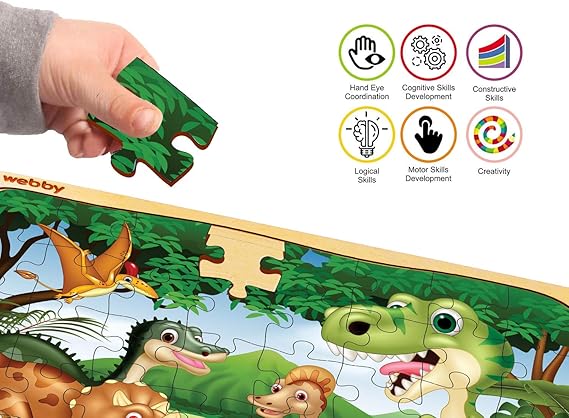 Webby Dinosaurier im Dschungel Holzpuzzle, 40 Teile, Lernpuzzle für Jungen und Mädchen im Alter von 3 bis 6 Jahren, fördert Konzentration und Problemlösungsfähigkeiten, inklusive Holzschale zur einfachen Aufbewahrung