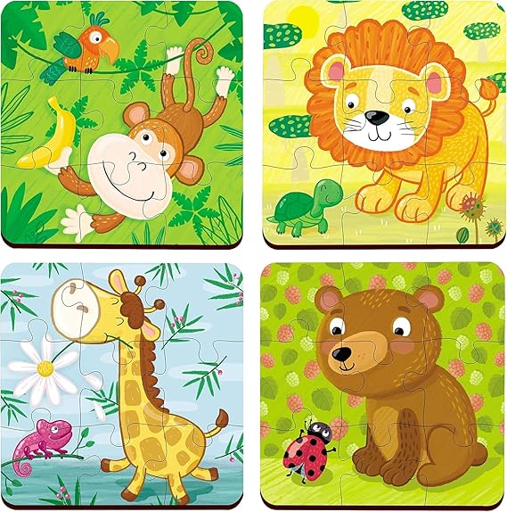 Webby Kid 4-in-1 Wildtiere Holzpuzzle-Spielzeug, 36 Teile, bunte Holzpuzzles für Gedächtnis, kreatives Denken und Farberkennung, perfekt für die visuelle Entwicklung (Kleinkinder ab 3 Jahren)