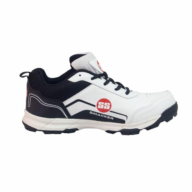 SS SMACKER Cricketschuh (Farbe: Weiß & Marineblau, Größe: UK6/ US7/ EU40) | Für Herren & Jungen | Material: Polyurethan (PU) | leicht | Verbesserte Stabilität im Spiel