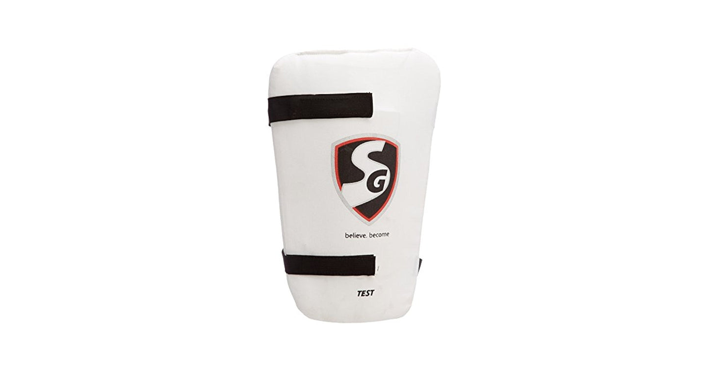SG Test Cricket Oberschenkelpads | Farbe: Weiß | Größe: Junior | Material: Leder | Für Männer und Jungen | Leichtgewicht | Schaumstoff mit geringer Dichte | Elastische Riemen um Taille und Bein | Klettverschlüsse | Einstellbar