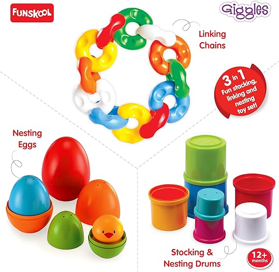 Giggles Funskool Link Stack N Nest, stapelbare und ineinandersteckbare Spielzeugklötze für Kinder, fördert das Lernen und die Entwicklung, lustige Aktivität für Babys, Geschenkset für Kinder ab 6 Monaten