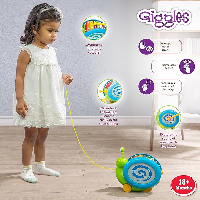 Funskool 3-in-1-Musikalische Schnecke zum Ziehen | Xylophon, Trommel und Spielzeug zum Ziehen | Gehhilfe für Kleinkinder | Alter: ab 12 Monaten | Mehrfarbig | Spielzeug für Babys und Kleinkinder