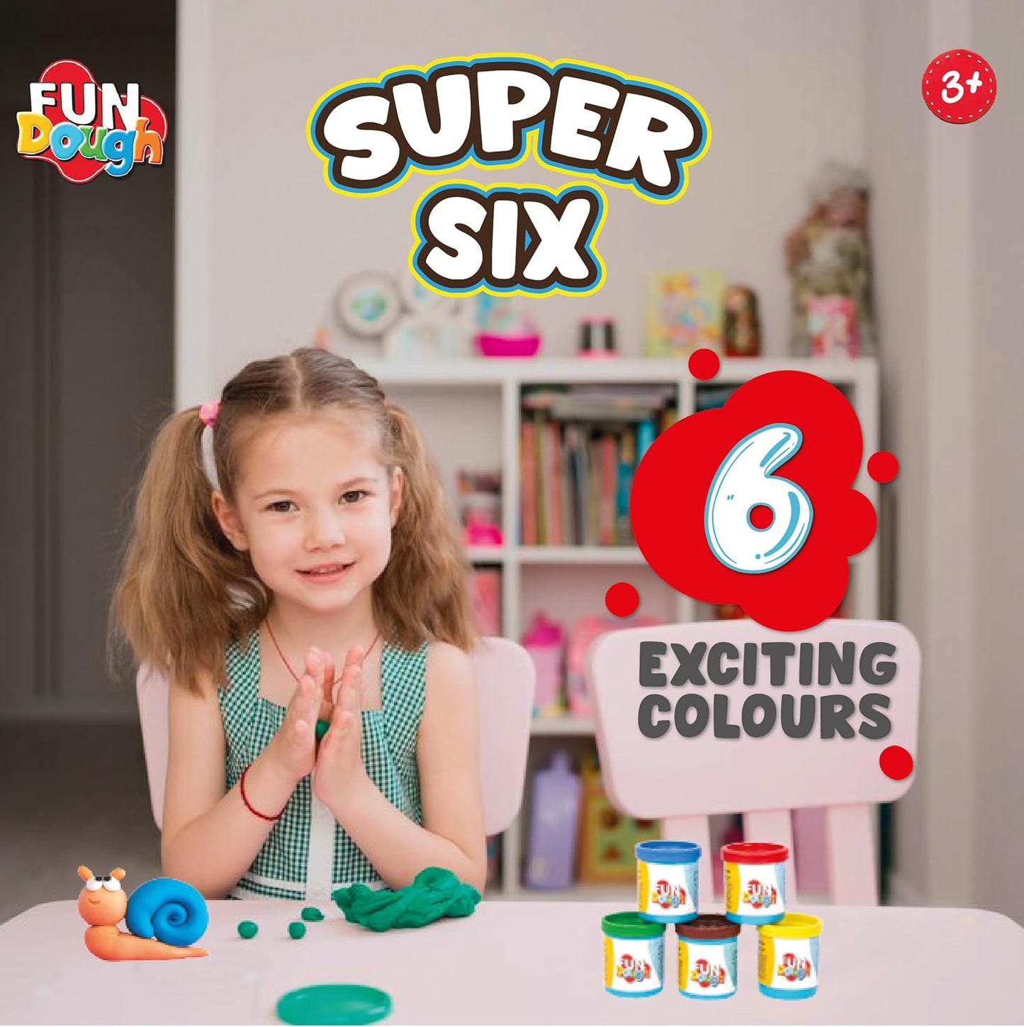 Funskool Fundough Super Six, 6 Dosen Knetmasse, je 50 Gramm, Spielzeug für Kinder, Formen, Modellieren, ab 3 Jahren, mehrfarbig