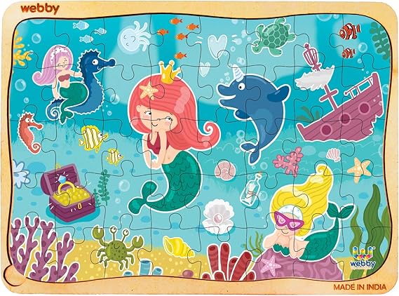 Webby Niedliches Meerjungfrauen-Holzpuzzle | 40 Teile | Lernpuzzle für Kinder von 3 bis 6 Jahren | Fördert die Konzentration und die Fähigkeit zum Lösen von Problemen | Inklusive Holzschale zur einfachen Aufbewahrung