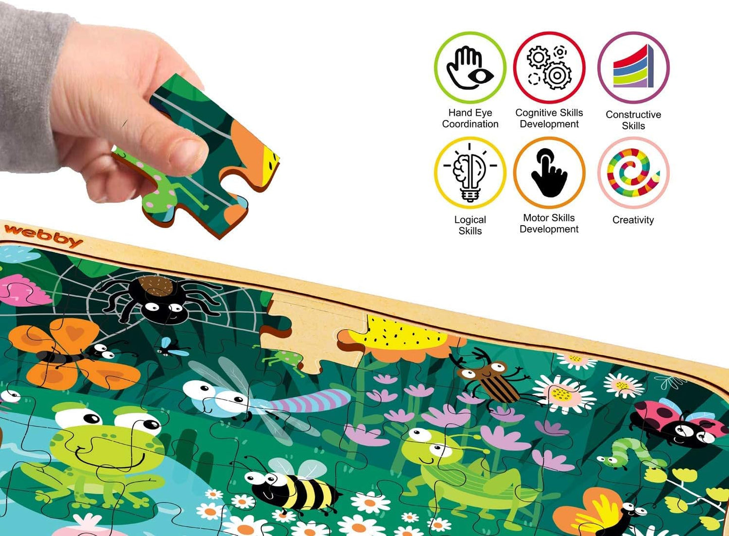 Webby Amazing Bugs Holzpuzzle | 40 Teile | Lernpuzzle für 3- bis 6-Jährige | Fördert die Konzentration und die Fähigkeit zum Lösen von Problemen | Inklusive Holzschale zur einfachen Aufbewahrung