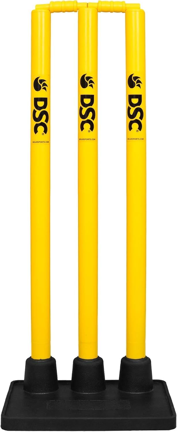 DSC PLASTIC STUMPS SET WITH RUBBER BASE (3 Stumps, 2 Bails ; 1 Base) CRICKET STUMPS SET - MENS-2024