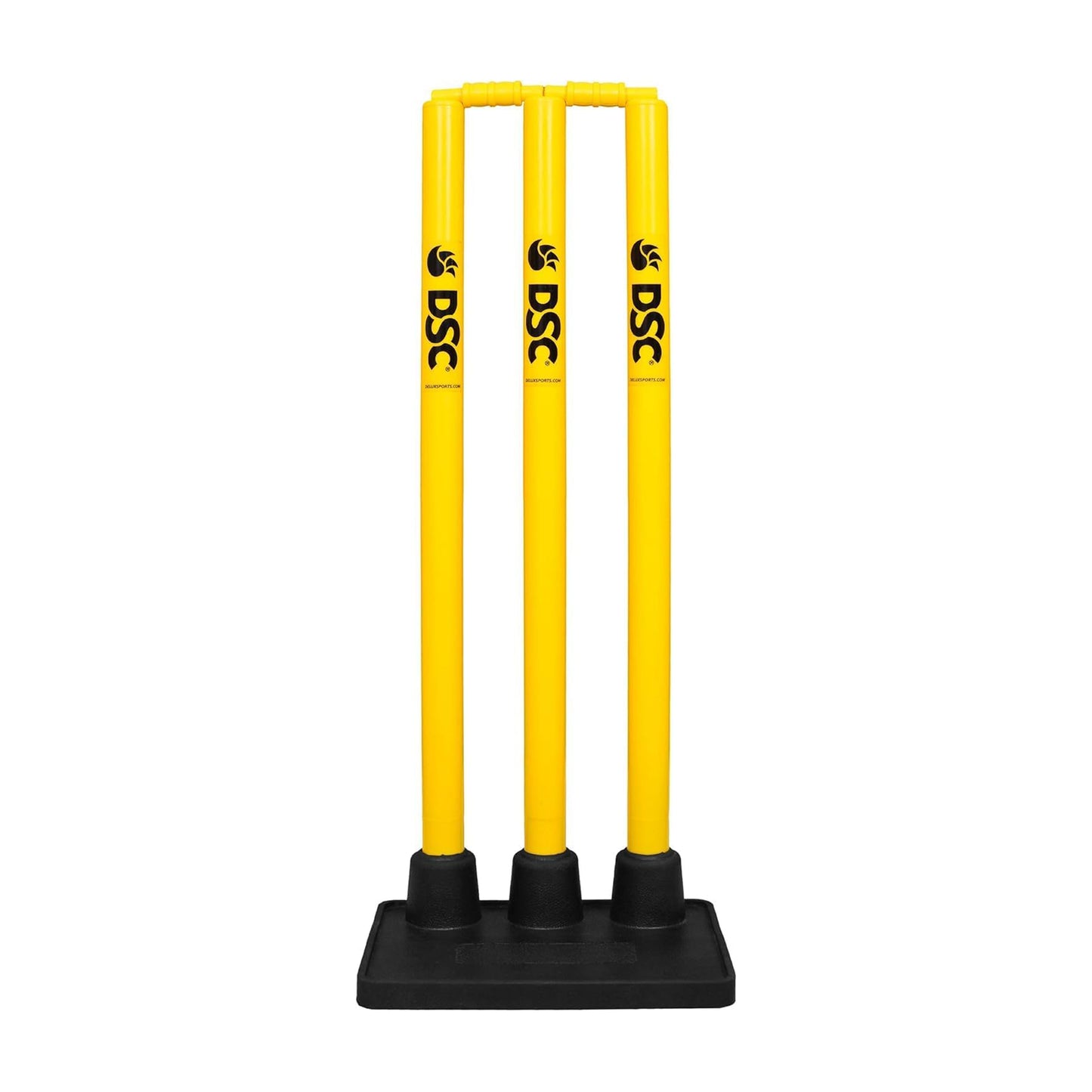 DSC PLASTIC STUMPS SET WITH RUBBER BASE (3 Stumps, 2 Bails ; 1 Base) CRICKET STUMPS SET - MENS-2024