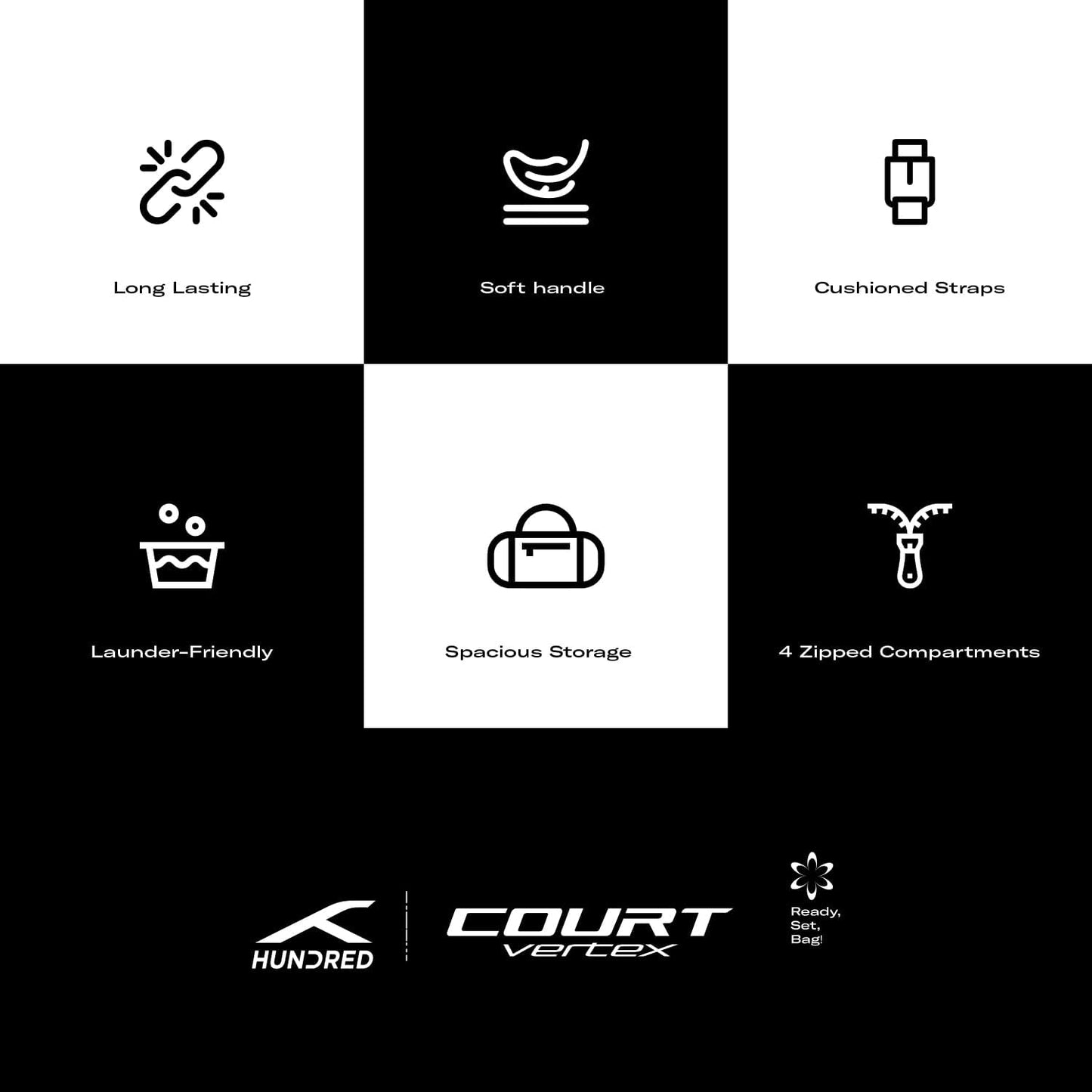 Hundert ideal Badminton- und Tennisschlägertasche | Material: Polyester | 2 Fächer mit Seitentasche | Einfacher Tragegriff | Gepolsterte Rückengurte | Reißverschlusstasche vorne