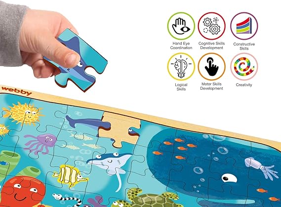 Webby Kids Unterwasser-Tiere Puzzle | 40 Teile | Lernpuzzle aus Holz für 3- bis 6-Jährige | Fördert Konzentration und Problemlösungsfähigkeiten | Inklusive Holzschale zur einfachen Aufbewahrung