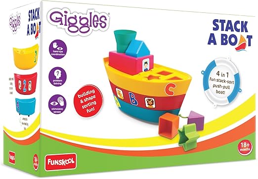 Giggles Funskool Stapelboot, Ziehspielzeug, stapelbares Spielzeug für Kinder, fördert das Lernen und die Entwicklung, lustige Aktivität für Babys, Geschenkset für Kinder, Alter ab 18 Monaten