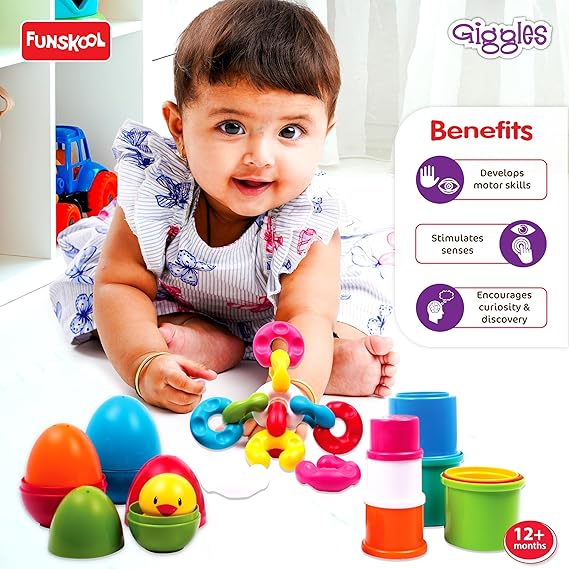 Giggles Funskool Link Stack N Nest, stapelbare und ineinandersteckbare Spielzeugklötze für Kinder, fördert das Lernen und die Entwicklung, lustige Aktivität für Babys, Geschenkset für Kinder ab 6 Monaten