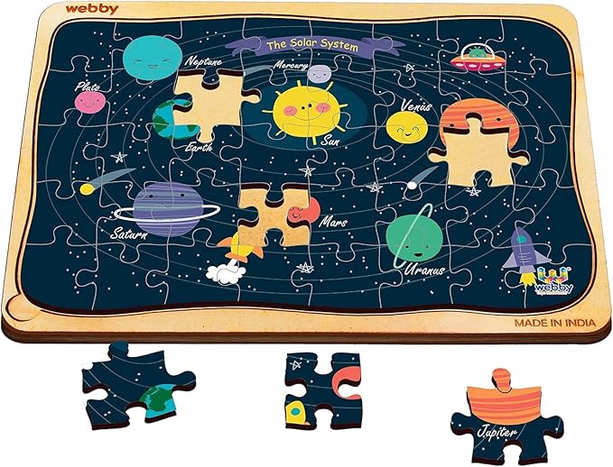 Webby Weltraum-Sonnensystem Holzpuzzle | 40 Teile | Lernpuzzle für 3- bis 6-Jährige | Fördert Problemlösungs- und Zuordnungsfähigkeiten | Inklusive Holzschale zur einfachen Aufbewahrung