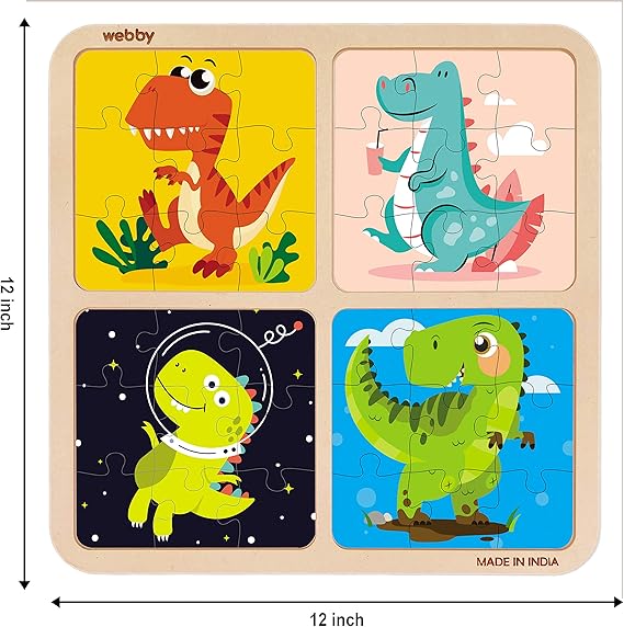Webby 4-in-1-Dinosaurier-Holzpuzzle für Kleinkinder, pädagogisches Puzzle für Kinder ab 2 Jahren, fördert das Gedächtnis, kreatives Denken und die Farberkennung, sicheres, umweltfreundliches Holz, 36 Teile