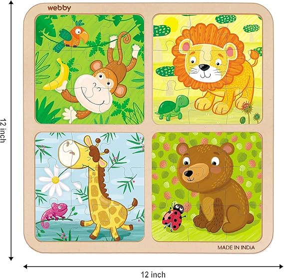 Webby Kid 4-in-1 Wildtiere Holzpuzzle-Spielzeug, 36 Teile, bunte Holzpuzzles für Gedächtnis, kreatives Denken und Farberkennung, perfekt für die visuelle Entwicklung (Kleinkinder ab 3 Jahren)