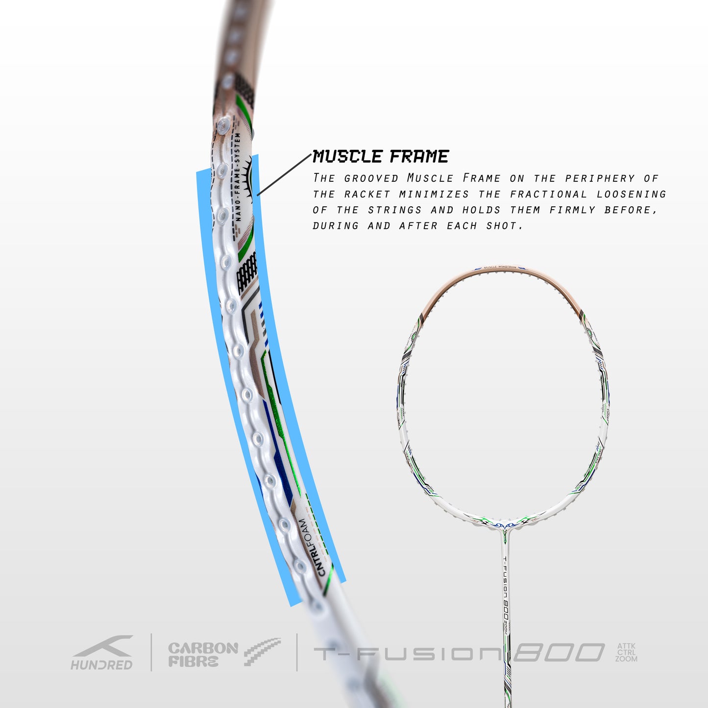 HUNDRED T-Fusion 800 Zoom Unstrung Badminton Racket | Max. Spannung ≤34 lbs | T-Fuse & Muscle Frame Tech | Leicht & Ausgewogen | G6-Griff | Volle Abdeckung | Für fortgeschrittene Spieler