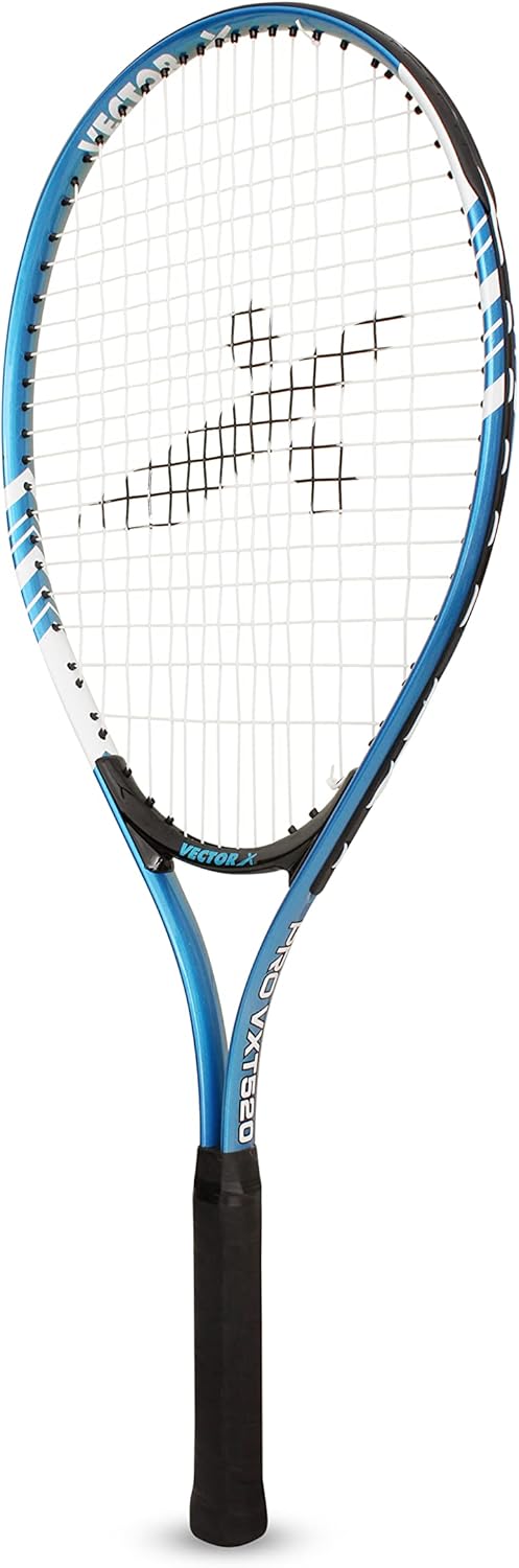Vector X VXT-520 Strung Junior Tennis Racket | Color: Blue | Size: 23 inches | Material: Alloy steel, aluminum | with 3/4 cover | Grip size: 3 3/4 inches | Heavy construction | Shock absorption effect | Head shape: Oval shape