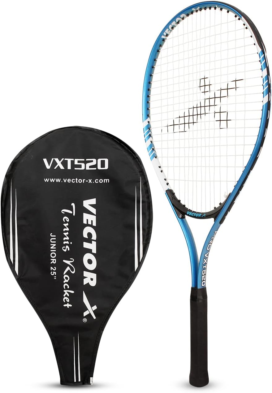 Vector X VXT-520 Strung Junior Tennis Racket | Color: Blue | Size: 23 inches | Material: Alloy steel, aluminum | with 3/4 cover | Grip size: 3 3/4 inches | Heavy construction | Shock absorption effect | Head shape: Oval shape