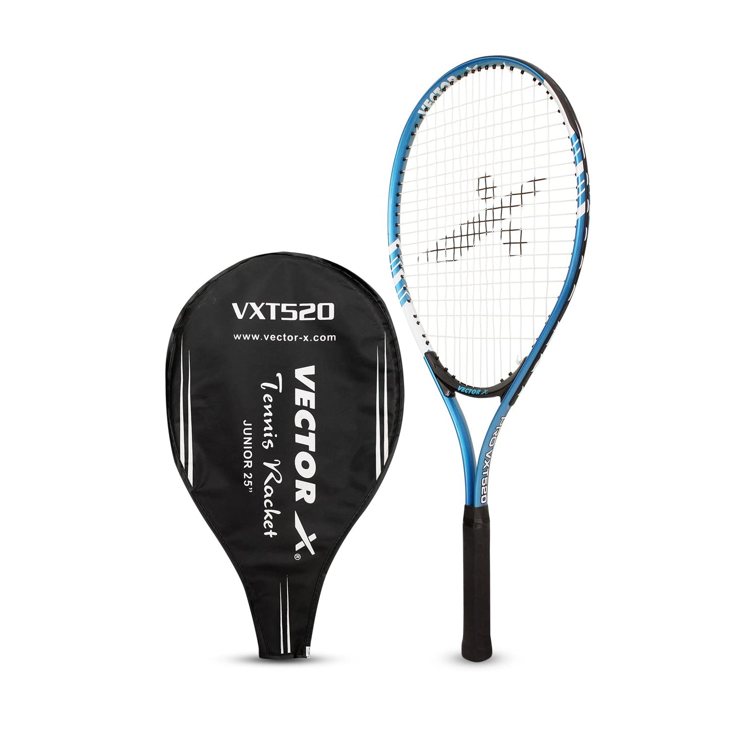 Vector X VXT-520 Strung Junior Tennis Racket | Color: Blue | Size: 23 inches | Material: Alloy steel, aluminum | with 3/4 cover | Grip size: 3 3/4 inches | Heavy construction | Shock absorption effect | Head shape: Oval shape