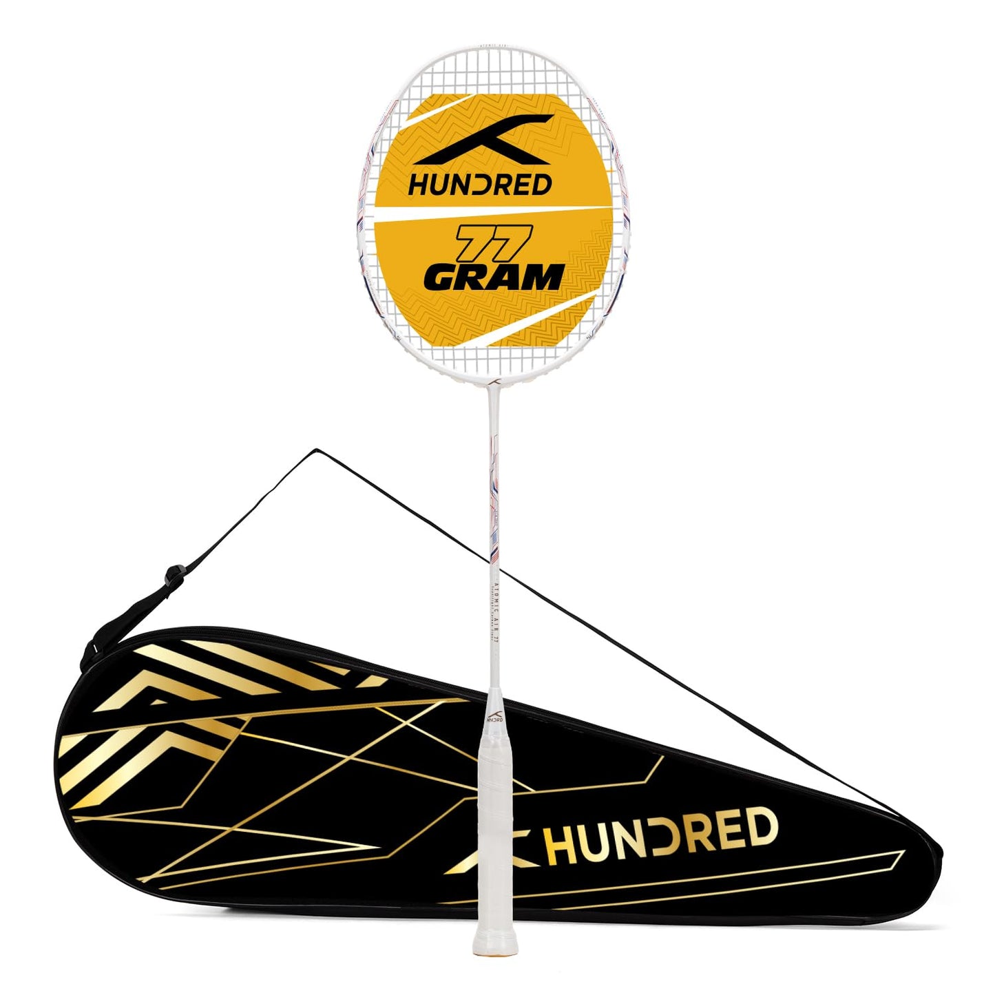 HUNDRED Atomic Air 77 Carbonfaser-Badmintonschläger mit Besaitung und vollständiger Schlägerhülle Für fortgeschrittene Spieler | 77 Gramm | Maximale Saitenspannung – 32 lbs