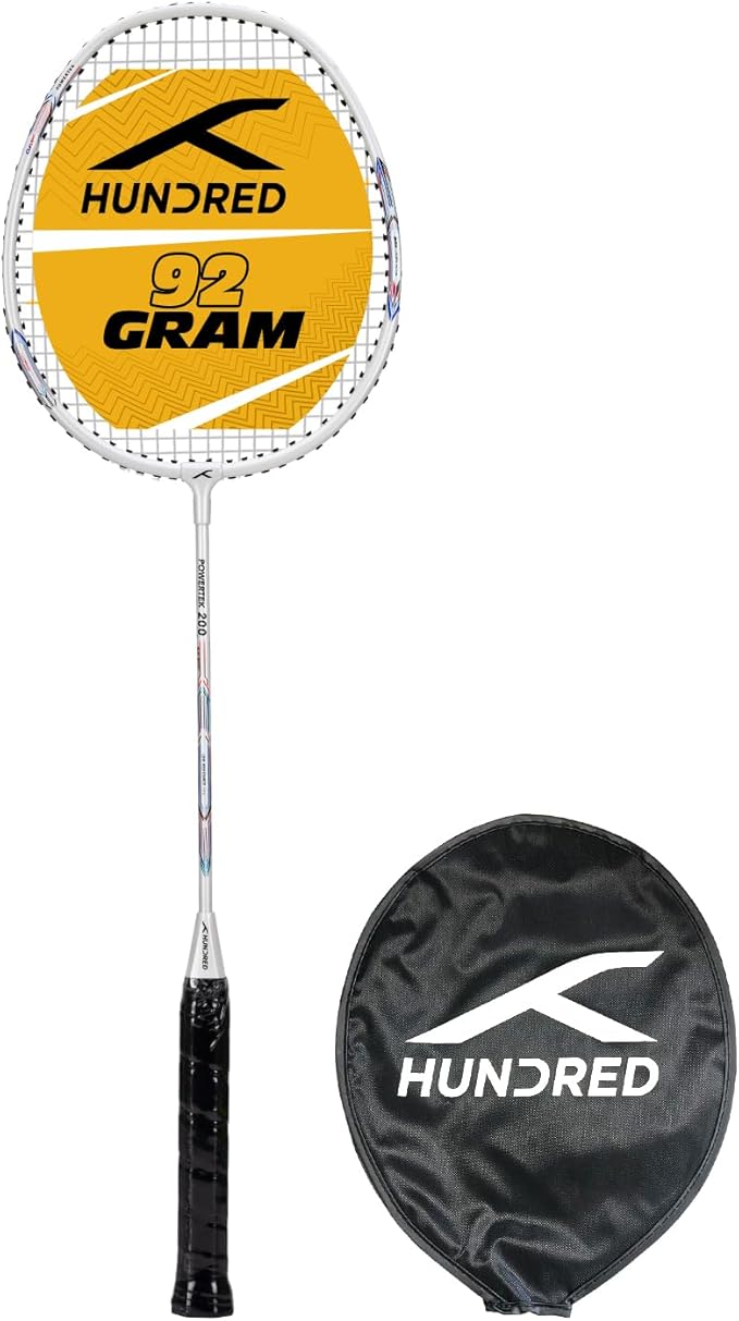HUNDRED Powertek 200 Badmintonschläger mit Kopfabdeckung (Größe: Standard, Griffgröße:G5) | Besaitet | Material: Aluminium | Für fortgeschrittene Spieler | Gewicht: 95 Gramm | Maximale Saitenspannung - 18-20lbs
