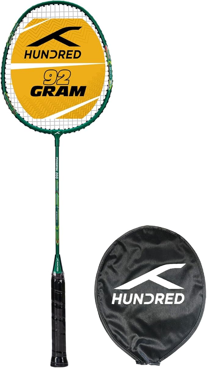 HUNDRED Powertek 200 Badmintonschläger mit Kopfabdeckung (Größe: Standard, Griffgröße:G5) | Besaitet | Material: Aluminium | Für fortgeschrittene Spieler | Gewicht: 95 Gramm | Maximale Saitenspannung - 18-20lbs