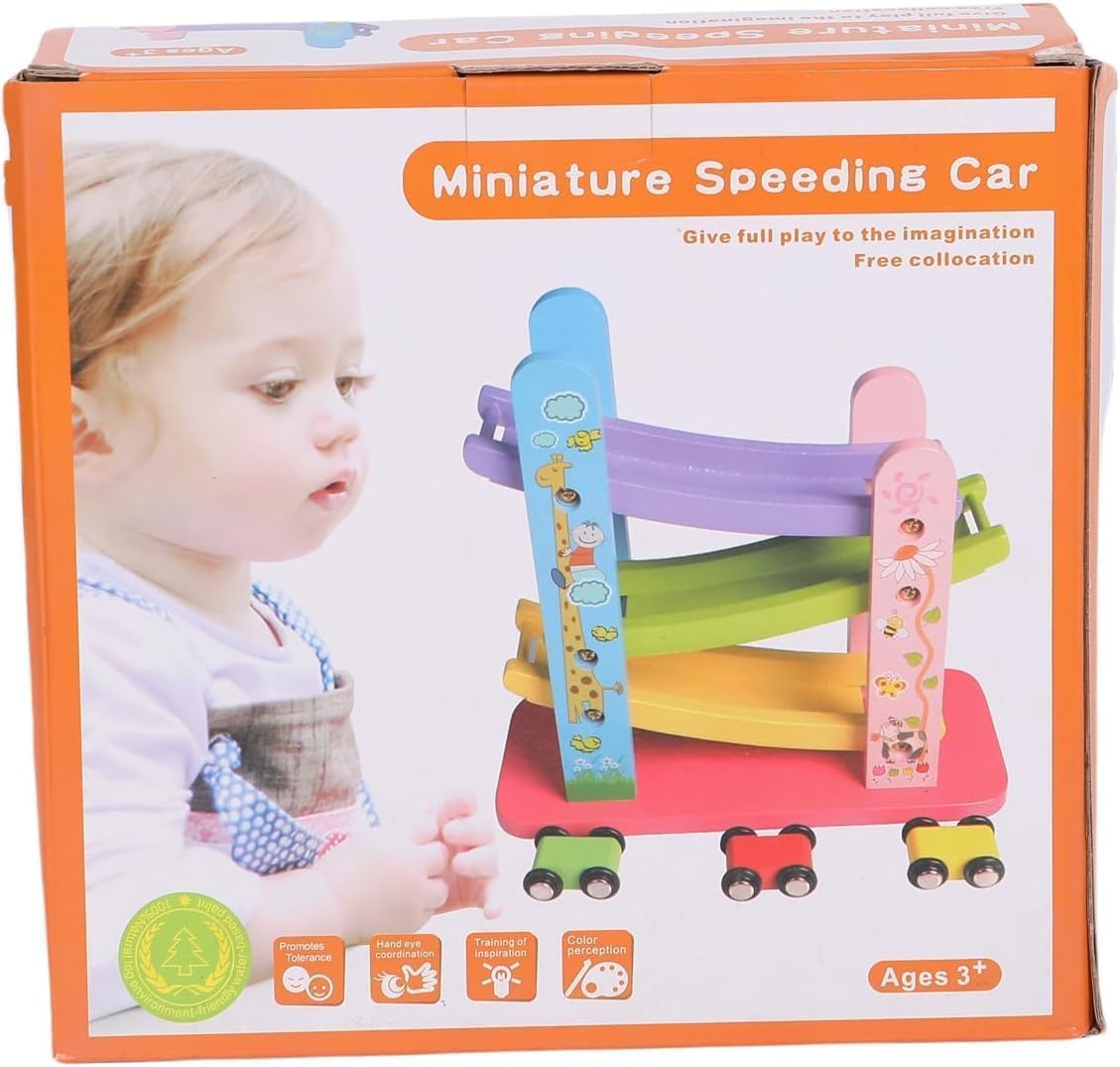 FUNFY Wooden Race Track Game with 3 Mini Cars | Multicolored | Material: Wood | Montessori Table Toy for Developing Creativity | Vibrant Design, for Children