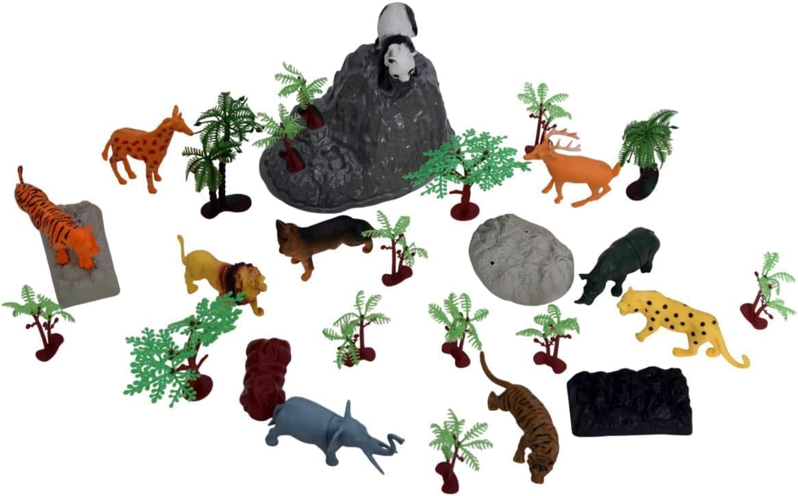 FUNFY Wild Animal Safari and Forest Toy Set with Box | Multicolored | Miniature assortment includes 10 animal figures with 18 forest trees and rocks | Encourages imaginative play | for children