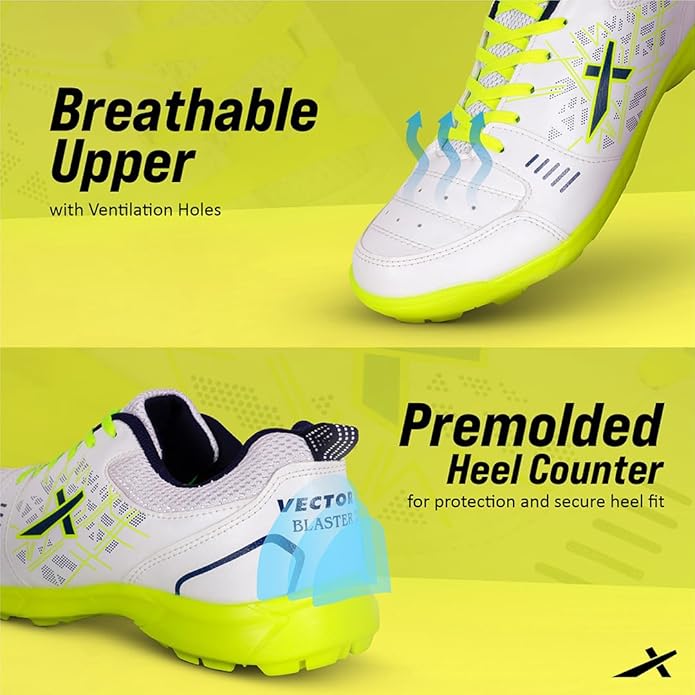 Vector X Blaster-22 Yards Cricket Shoes | Color: White & Green | Size: 4 UK/ 5US/ 38EU | For Men & Boys | Material: Synthetic | High quality rubber outsole with rounded studs