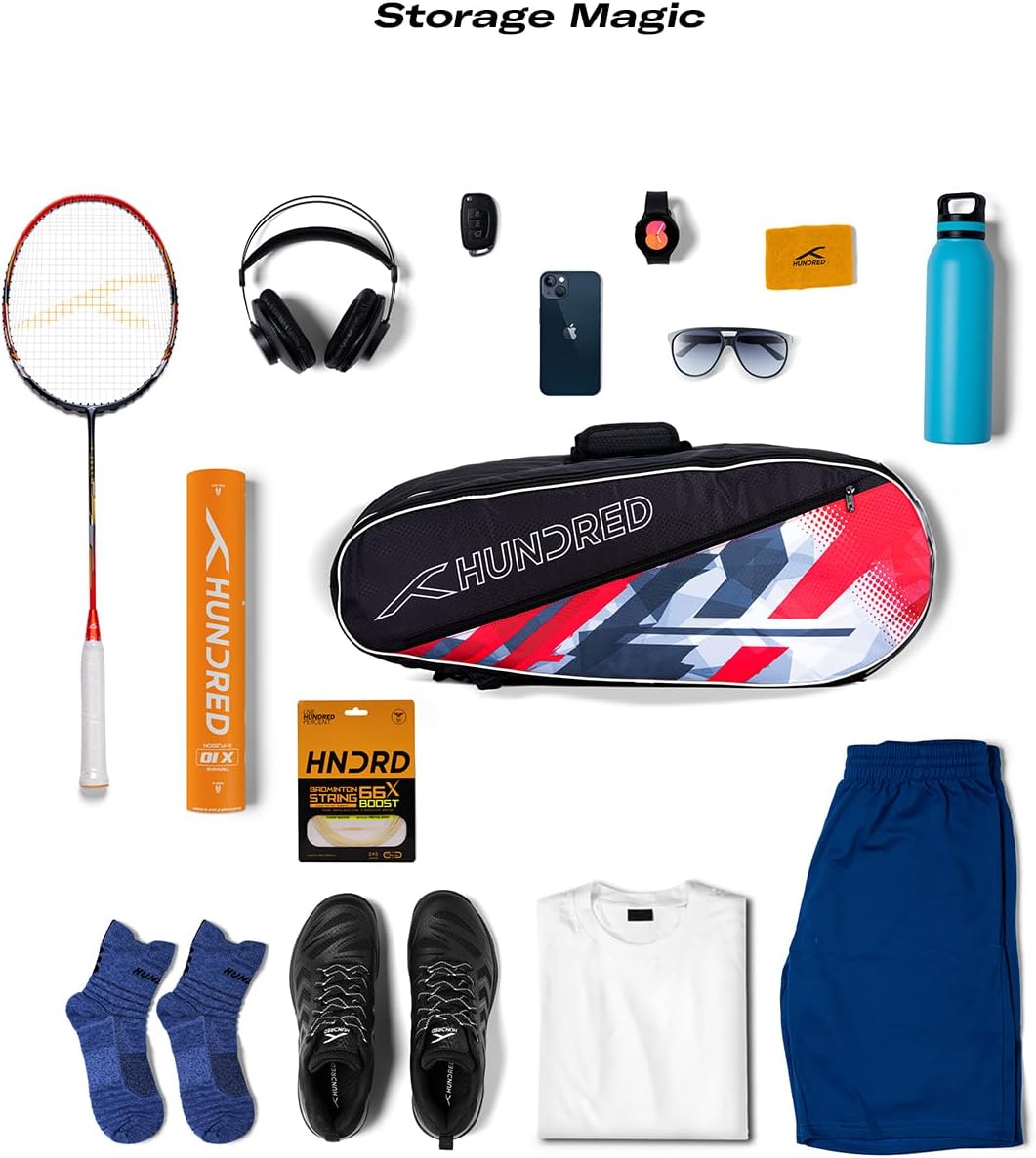 Hundert ideal Badminton- und Tennisschlägertasche | Material: Polyester | 2 Fächer mit Seitentasche | Einfacher Tragegriff | Gepolsterte Rückengurte | Reißverschlusstasche vorne