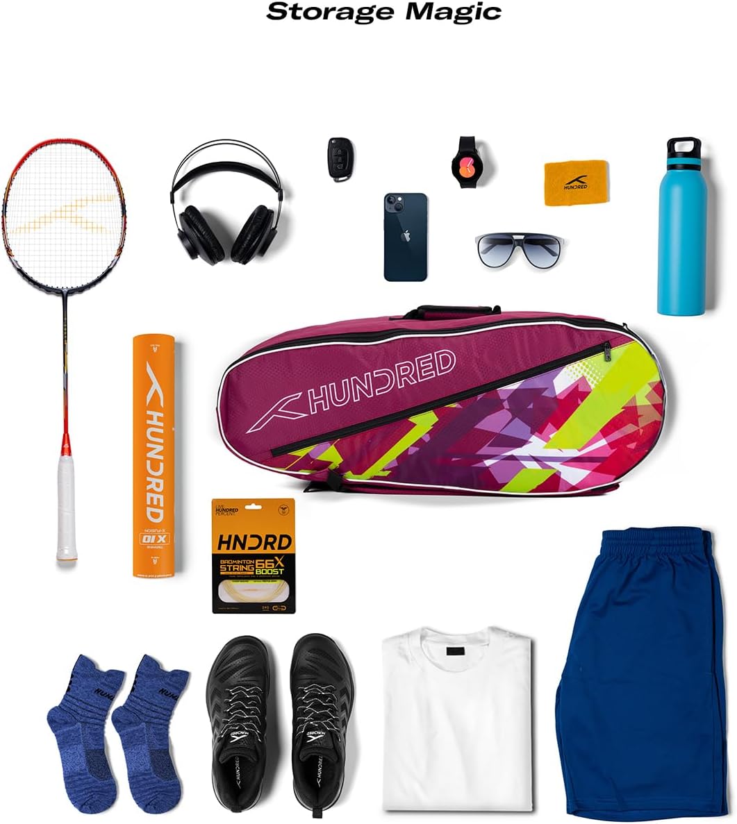 Hundert ideal Badminton- und Tennisschlägertasche | Material: Polyester | 2 Fächer mit Seitentasche | Einfacher Tragegriff | Gepolsterte Rückengurte | Reißverschlusstasche vorne