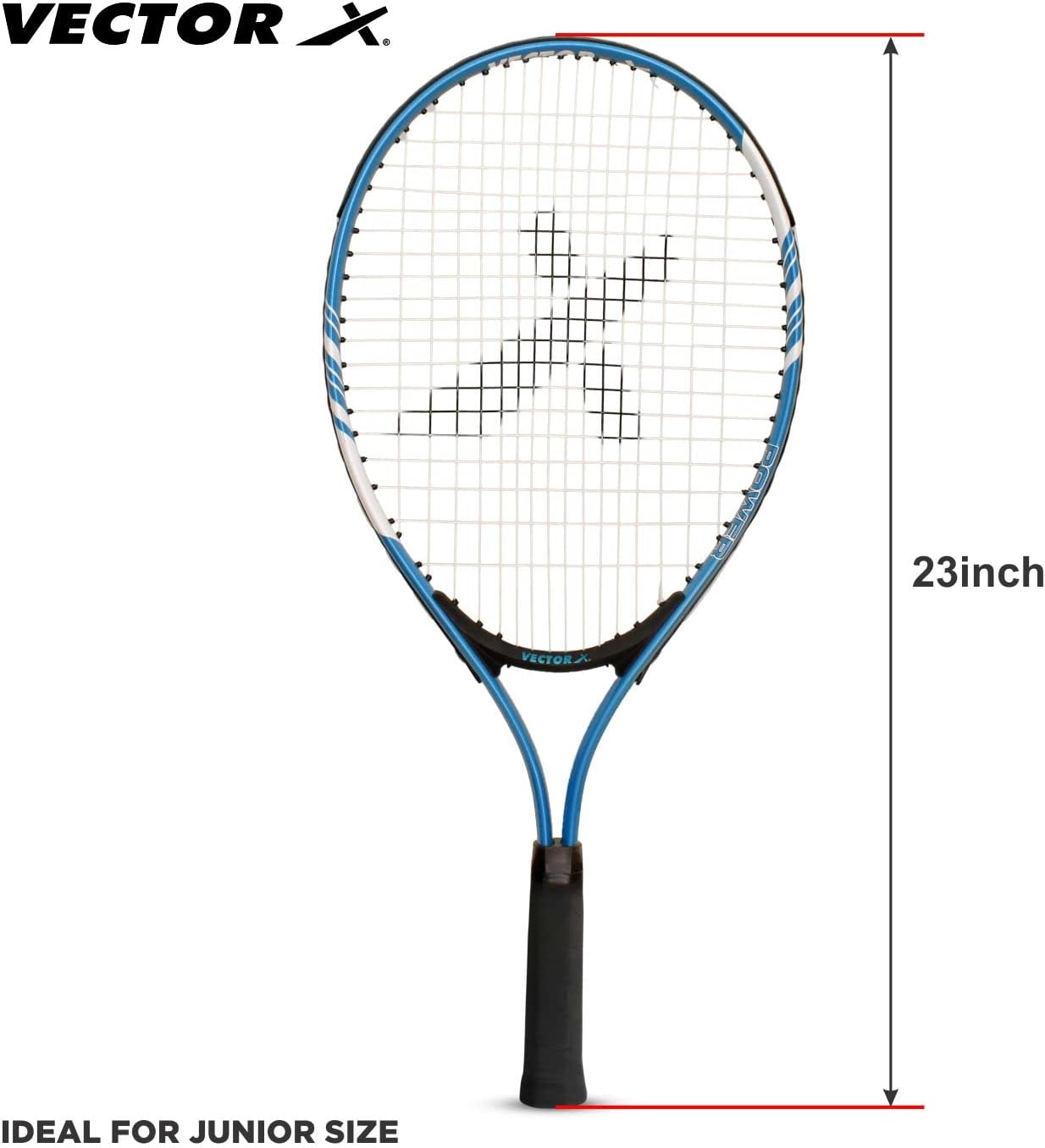 Vector X VXT-520 Strung Junior Tennis Racket | Color: Blue | Size: 23 inches | Material: Alloy steel, aluminum | with 3/4 cover | Grip size: 3 3/4 inches | Heavy construction | Shock absorption effect | Head shape: Oval shape