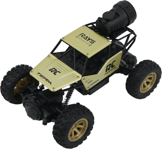 FUNFY 1:18 Rock Crawler RC Toy Car with 4WD | Black | with 4 soft suspensions, dual motor, flash mist spray, better grip tires, aluminum body, and rechargeable battery | as a gift for children