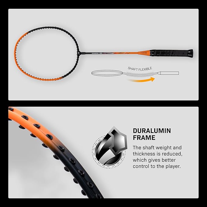 HUNDRED Powertek 100 (set of 2) full-string badminton racket (size: standard, grip size: G5) | Stringing | Material: aluminum | Maximum tension: 16-18lbs | for advanced players